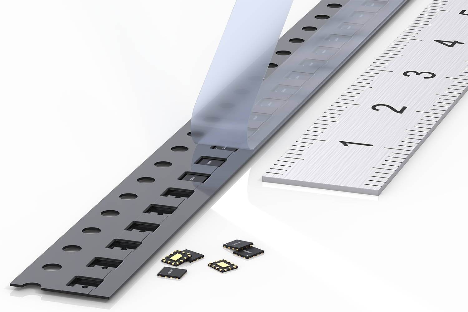 Carrier tape being pealed away to leave microchips