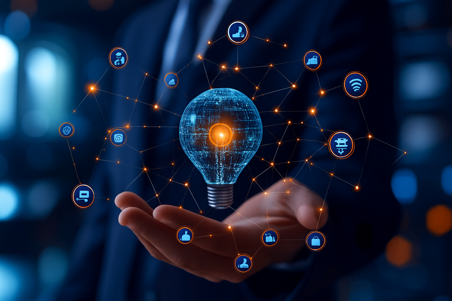 Man holding lightbulb with abstract lines of ideas coming out